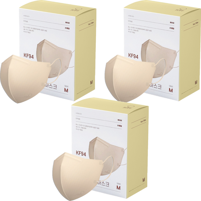 맘편히황사방역용마스크 KF94 중형, 25개입, 3개, 베이지