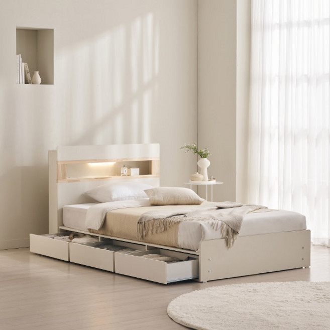 삼익가구 그레인 호텔식 편백나무 LED조명 3단 수납 침대 + 7존 독립스프링 매트리스 세트 방문설치, 화이트