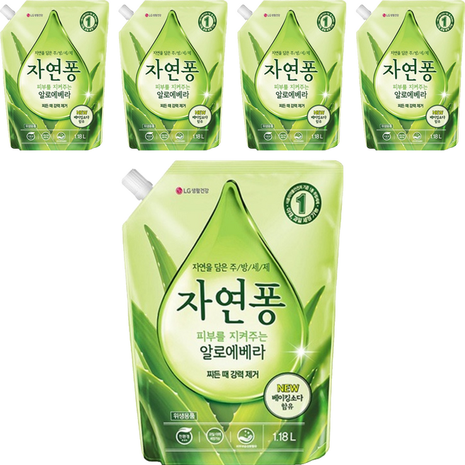[비건라이프] 자연퐁 피부를 지켜주는 알로에베라 주방세제 리필, 5개, 1.18L