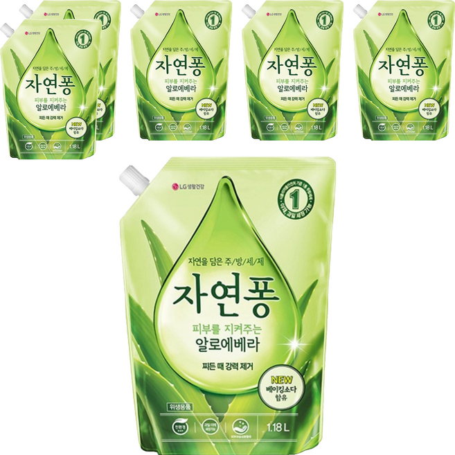 [비건라이프] 자연퐁 피부를 지켜주는 알로에베라 주방세제 리필, 6개, 1.18L
