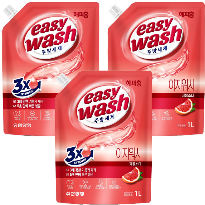 HAPPYHOME 廚房洗碗精 Easy Wash 葡萄柚蘇打 補充包, 3個, 1L