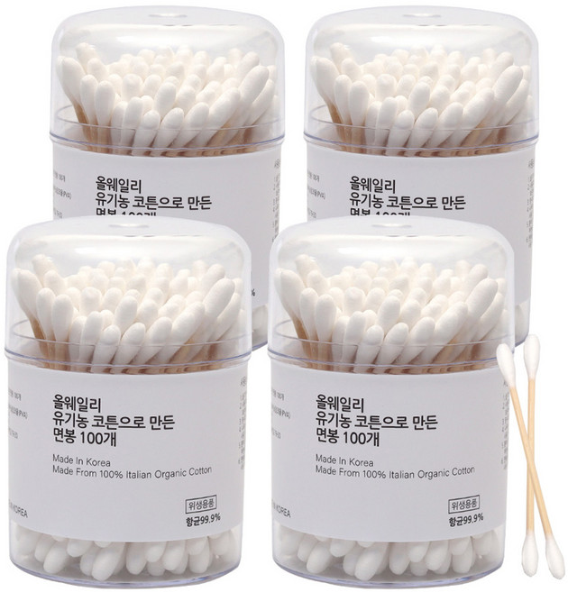 올웨일리 국산 오가닉 면봉 이탈리아 코튼, 100개입, 4개