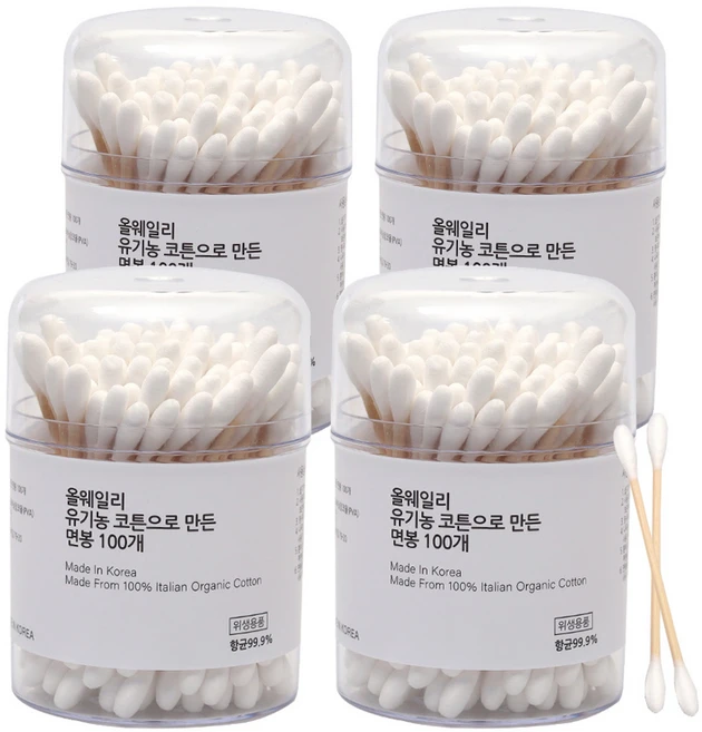올웨일리 국산 오가닉 면봉 이탈리아 코튼, 100개입, 4개 - 쿠팡