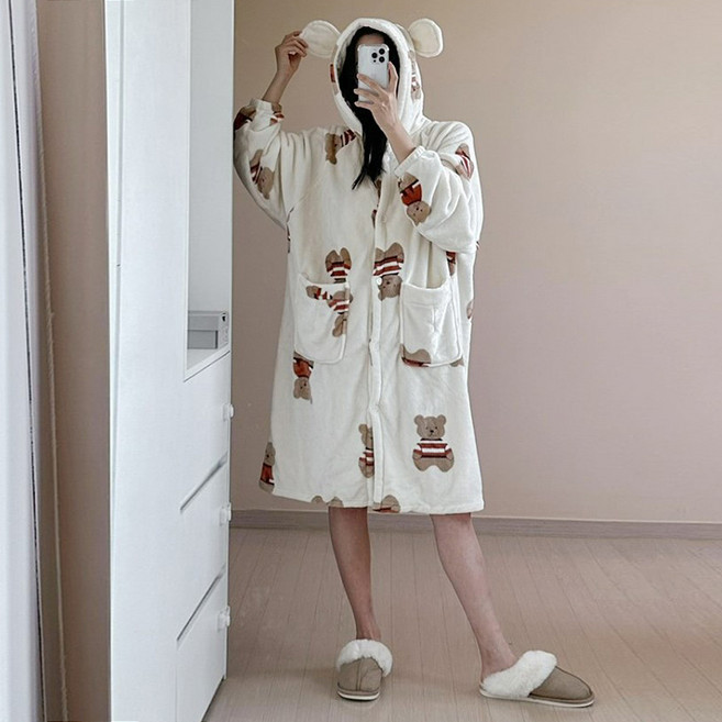 Elsso 女款 Hello 小熊情侶超細纖維連帽浴袍睡衣