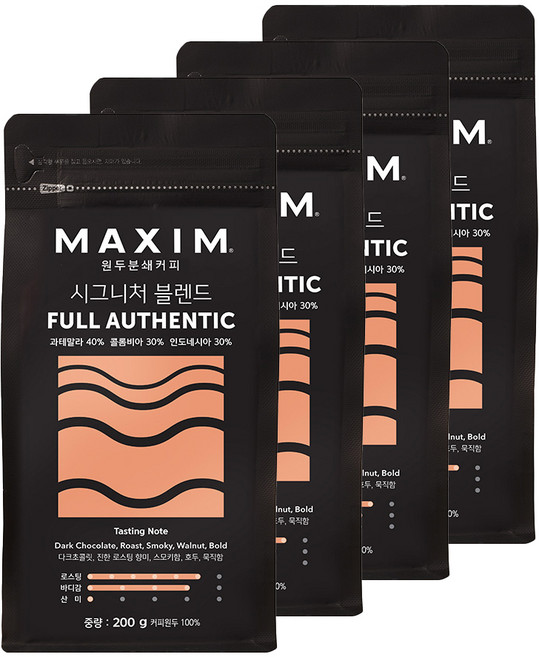맥심 원두분쇄커피 시그니처 블렌드 풀 어센틱, 커피메이커, 200g, 4개