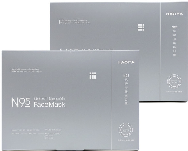 HAOFA N95立體醫療口罩 氣密型 S, 2組, 純白色灰耳版, 30片