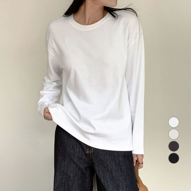 아피나르 여성용 릴렉스드핏 고밀도 순면 크루넥 긴팔 티셔츠