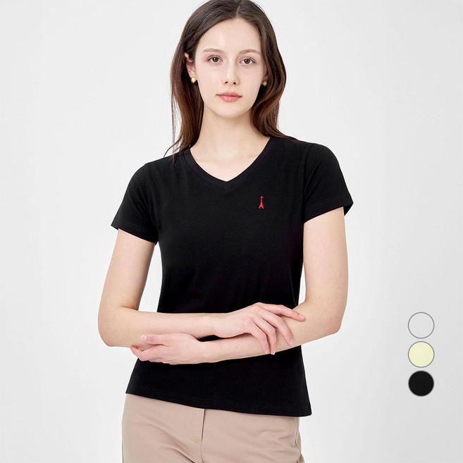 ELLE PARIS 여성용 슬림핏 Eiffel Tower 자수 브이넥 반팔 티셔츠