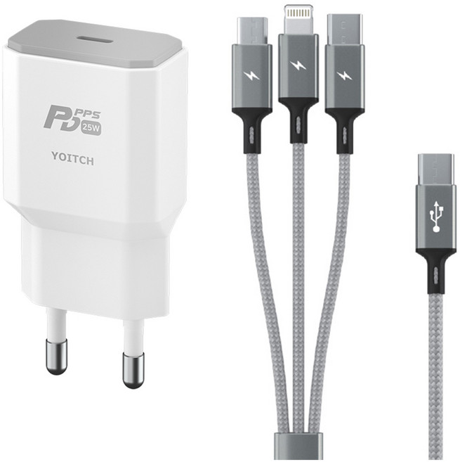 요이치 헤라 PD 25W C타입 PPS 초고속 충전기 + 베타 C타입 3 in 1 케이블 70cm 세트, 혼합색상, 1세트