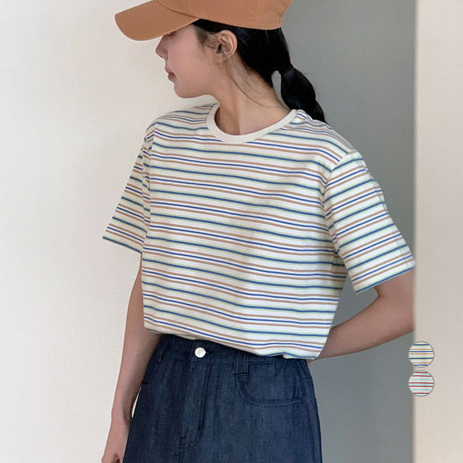아피나르 여성용 통기성 레귤러핏 멀티 스트라이프 반팔 티셔츠
