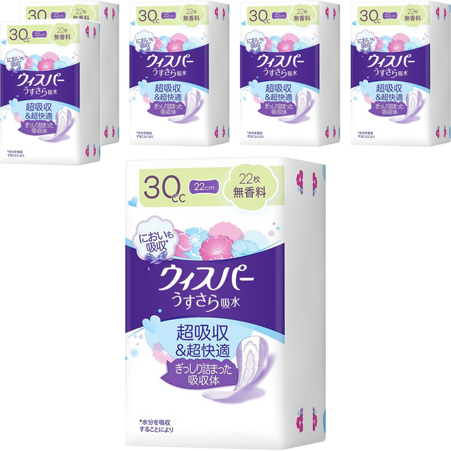 whisper 好自在 日本原裝進口 舒爽超吸收成人護墊 成人尿布 無香 30cc 無翼型, 22cm, 22片, 6包