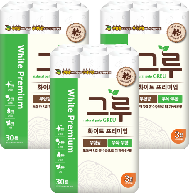 그루 3겹 천연펄프 화이트 프리미엄 롤화장지, 27m, 30개입, 3개