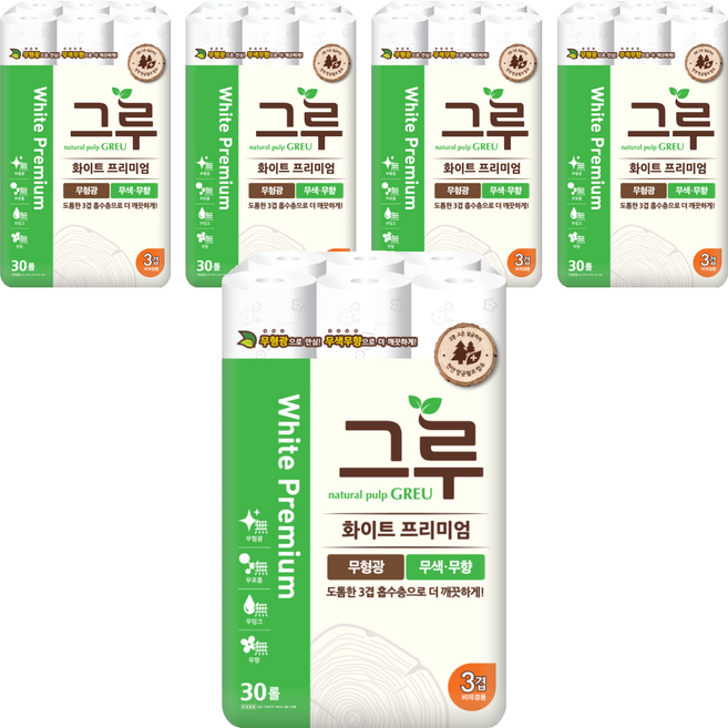 그루 3겹 천연펄프 화이트 프리미엄 롤화장지 27m, 30개입, 5개