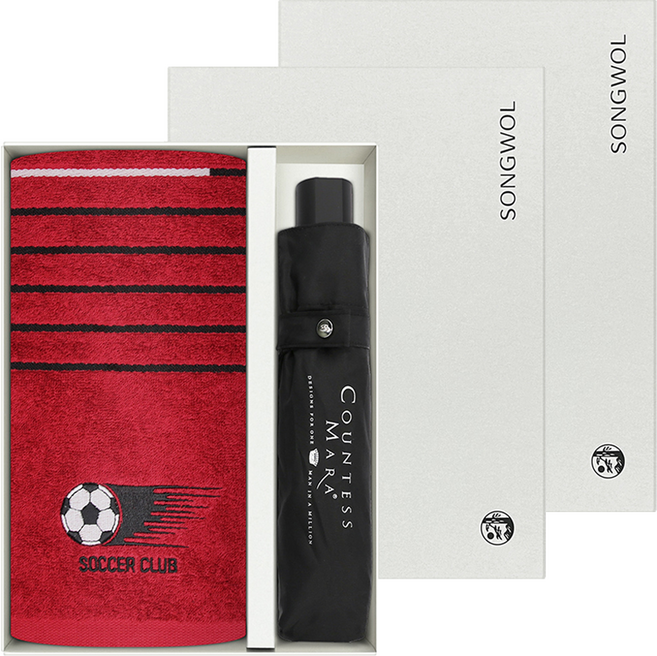 송월타월 축구 스포츠 106g 16수 코마사 + CM 3단 폰지 우산 선물세트, 2세트