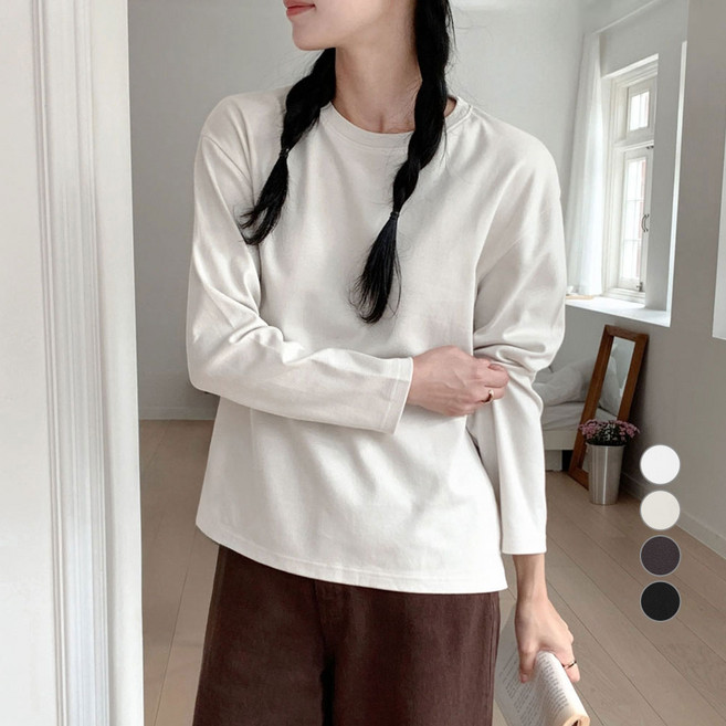 아피나르 여성용 릴렉스드핏 고밀도 순면 크루넥 긴팔 티셔츠