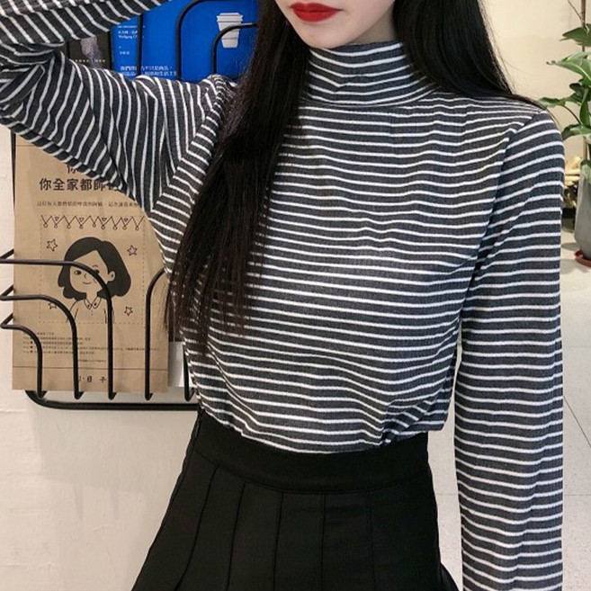 구디프 여성용 스트라이프 하이넥 슬림핏 베이직 긴팔 폴라 티셔츠