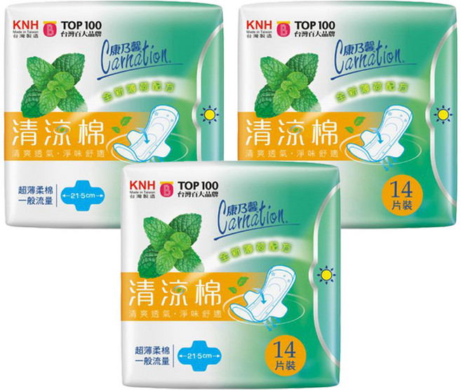 康乃馨 清涼棉衛生棉, 一般流量型 21.5cm, 14片, 3包