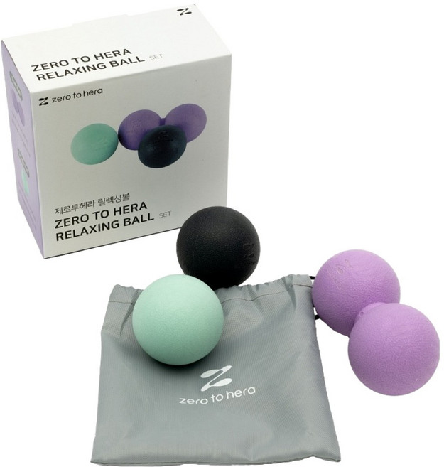 제로투헤라 릴렉싱 마사지 지압 볼 싱글 2p + 듀얼 + 전용 파우치 세트, 블랙, 민트(싱글볼), 퍼플(듀얼볼), 1개