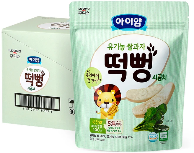 아이얌 유기농 쌀과자 떡뻥, 시금치맛, 30g, 6개 - 쿠팡