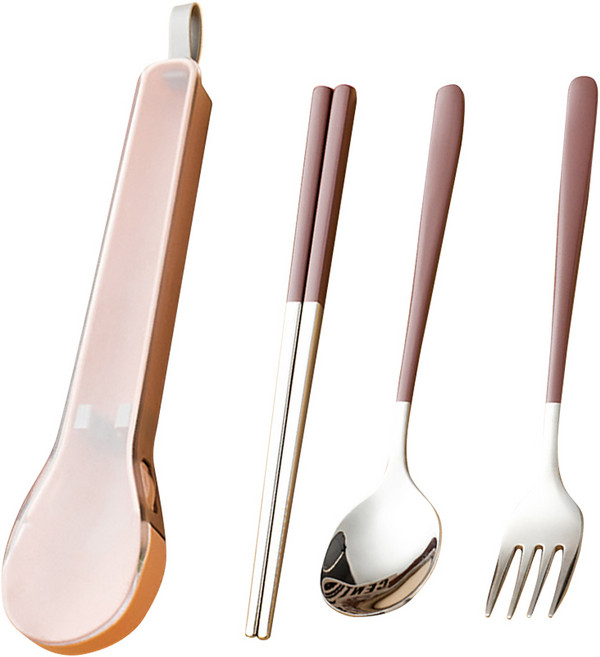 彈跳便攜餐具組 小體積盒裝 方便隨手收納, 粉銀色, 筷子 + 湯匙 + 叉子, 1組