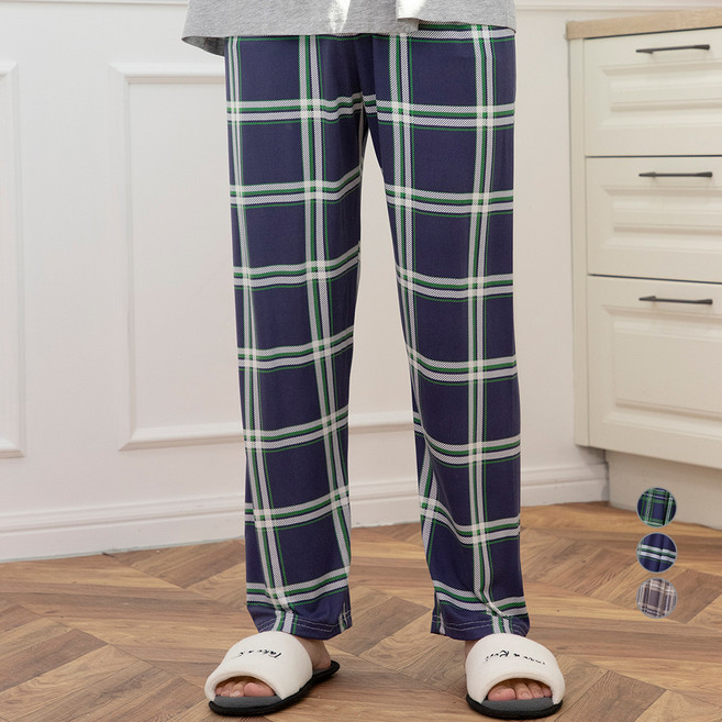 캐럿 남성용 부드러운 울트라 스판9부 잠옷 바지 체크 네이비 Free