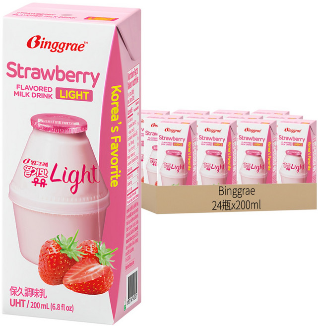 Binggrae light 草莓風味保久調味乳, 200ml, 24入