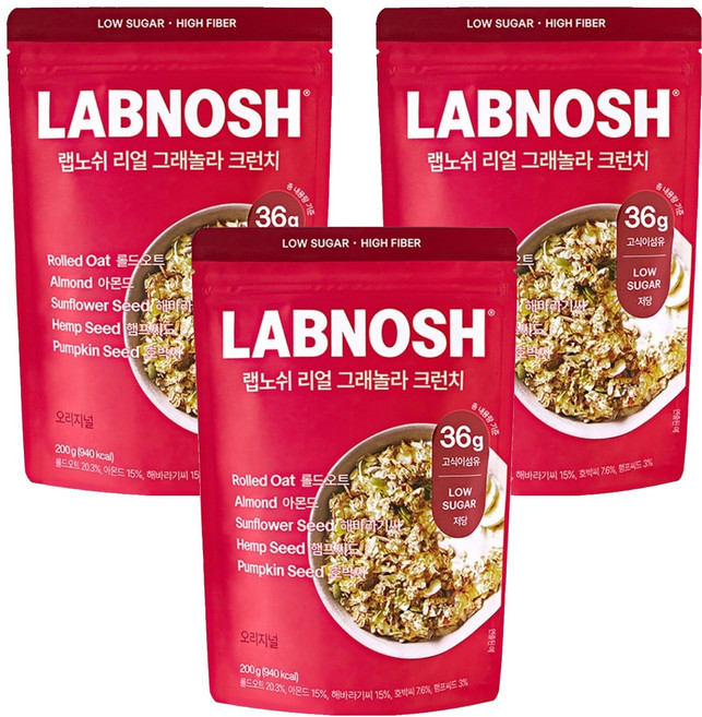 랩노쉬 리얼 그래놀라 크런치 오리지널 시리얼, 200g, 3개