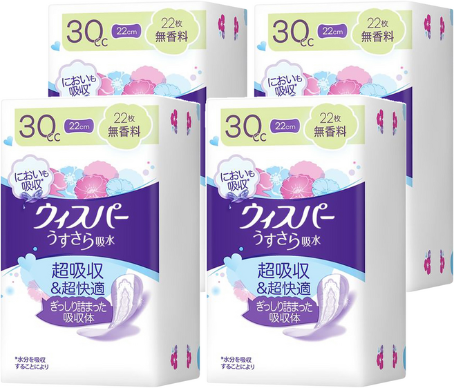whisper 好自在 日本原裝進口 舒爽超吸收成人護墊 成人尿布 無香 30cc 無翼型, 22cm, 22片, 4包