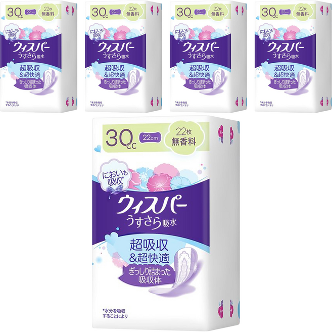 whisper 好自在 日本原裝進口 舒爽超吸收成人護墊 成人尿布 無香 30cc 無翼型, 22cm, 22片, 5包