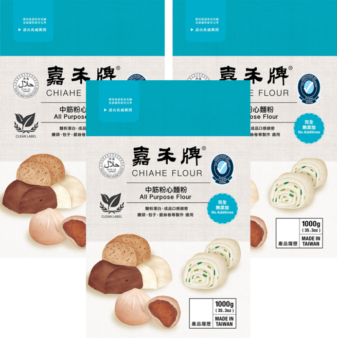嘉禾牌 中筋粉心麵粉, 1kg, 3包