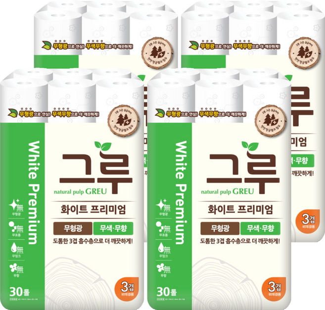 그루 3겹 천연펄프 화이트 프리미엄 롤화장지 27m, 30개입, 4개