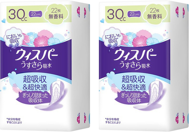 whisper 好自在 日本原裝進口 舒爽超吸收成人護墊 成人尿布 無香 30cc 無翼型, 22cm, 22片, 2包