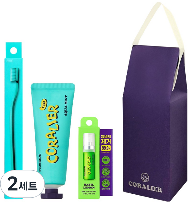 코랄리에 불소 치약 아쿠아민트향 90g + 칫솔 민트 + 구강스프레이 15ml 세트, 2세트