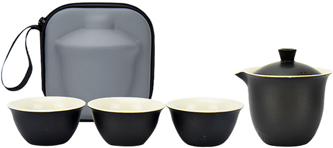 LifeHouse 陶瓷旅行茶具組 黑色 泡茶壺 + 茶杯3個 + 收納包 1組