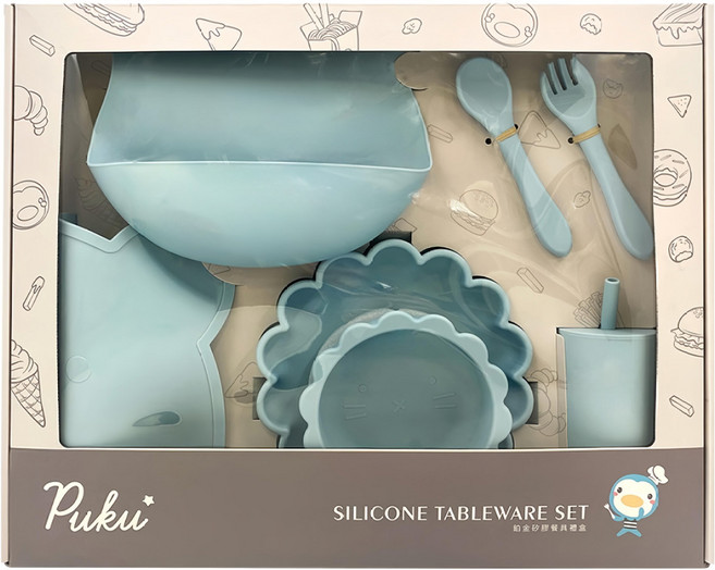 PUKU 藍色企鵝 蒔蘿鉑金矽膠餐具禮盒組 7件入, 圍兜 + 叉子 + 湯匙 + 吸管杯 + 餐墊 + 吸盤餐盤 + 吸盤碗, 茉莉藍, 1組