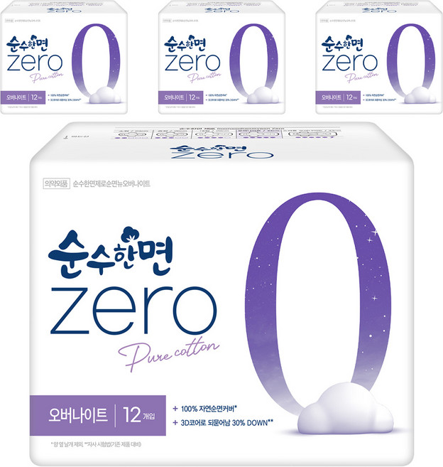 순수한면 제로 생리대 날개형, 오버나이트, 12개입, 4개