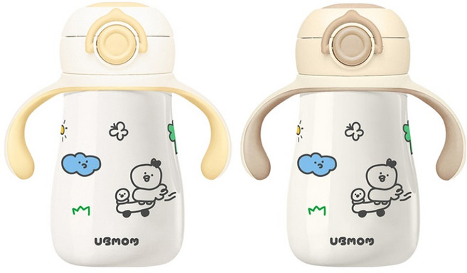 유비맘 스테인리스 데일리 원터치 빨대컵 2p, 260ml, 1세트, 초코 + 옐로우