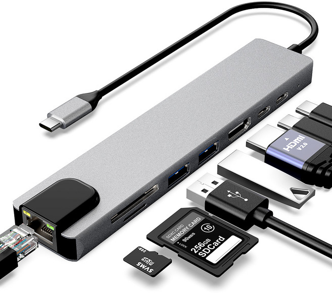 아이몰 8포트 USB 허브 3.0 C타입 HDMI+유선랜+PD충전, 실버, 1개