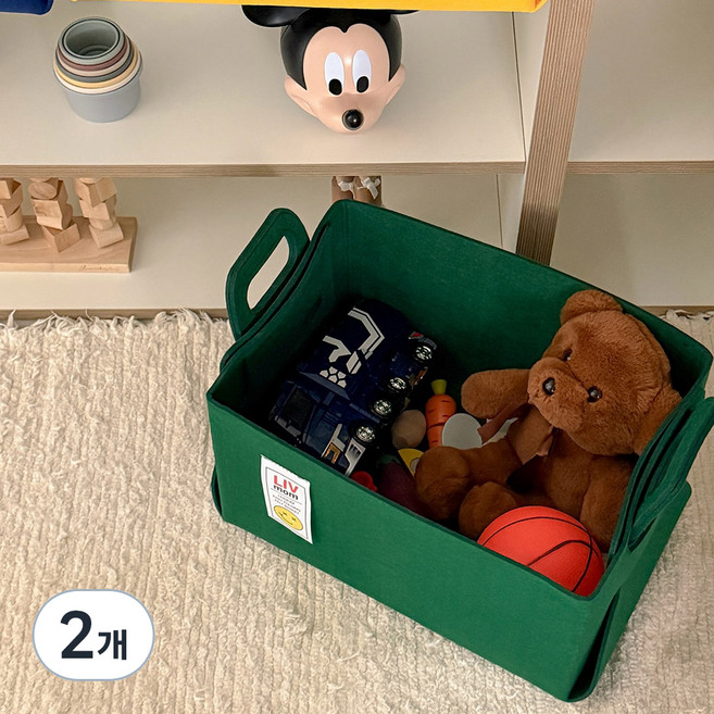리브맘 접이식 펠트 비비드 수납바구니, 딥그린, 2개