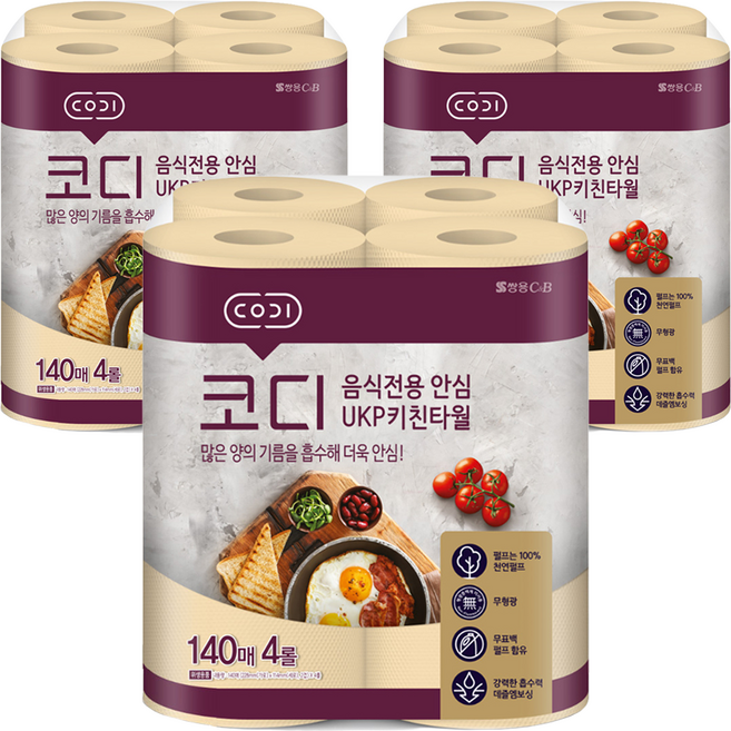 코디 음식전용 안심 천연펄프 키친타올, 140매, 12개