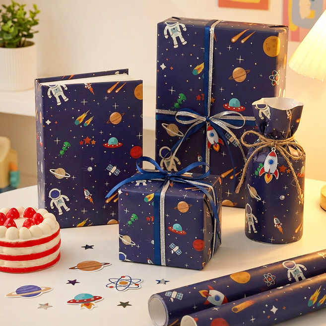 리드홈 생일선물 롤 포장지 70 x 100 cm 3p + 양면 테이프 세트, 03 우주여행, 1세트