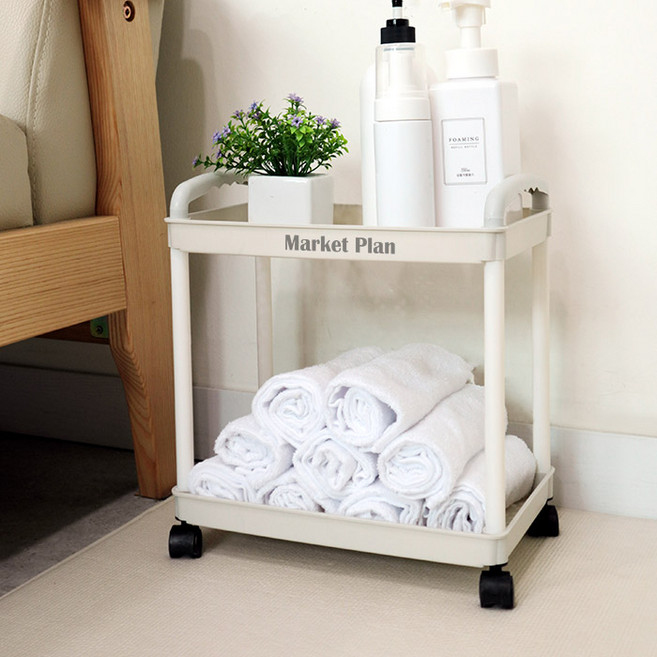 마켓플랜 이동식 스퀘어 선반 트롤리, 화이트, 2단