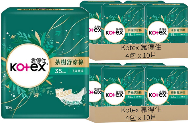 Kotex 靠得住 茶樹舒涼 涼感衛生棉 3分微涼 護翼型, 夜用量多型 35cm, 10片, 8包