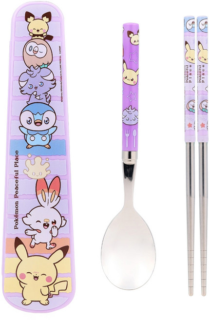 PoKeMoN 寶可夢 餐具3件組, 湯匙 + 筷子 + 收納盒, 紫色, 1組