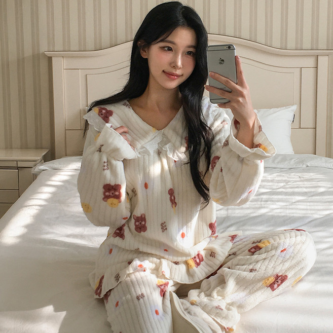 코지토리 여성용 레이스 베어 수면 긴팔 잠옷 세트