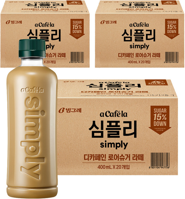 아카페라 심플리 디카페인 로어슈거 라떼 무라벨, 400ml, 60개