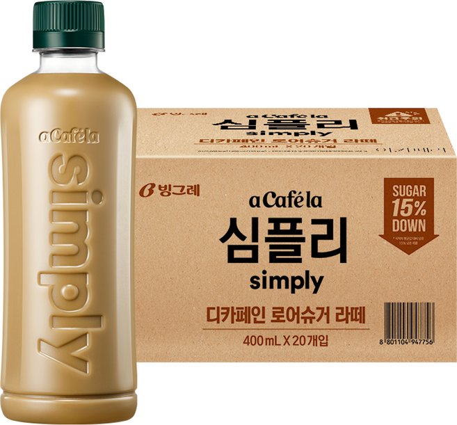 아카페라 심플리 디카페인 로어슈거 라떼 무라벨, 400ml, 20개