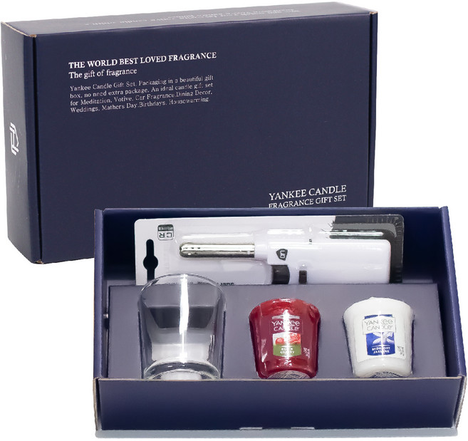 양키캔들 보티브 2종 + 유리홀더 + 미니 롱 라이터 선물세트 L, 랜덤발송, 혼합색상