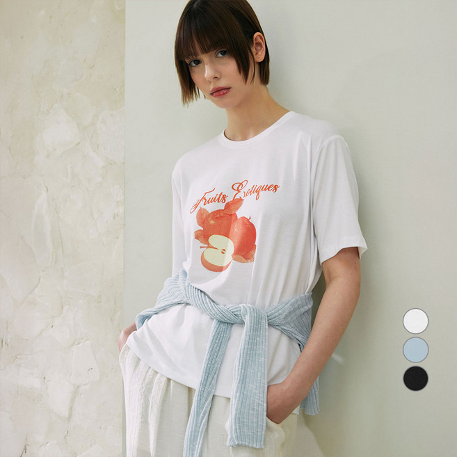 ELLE PARIS 여성용 레이온 찰랑 Fruits 라운드넥 반팔 티셔츠