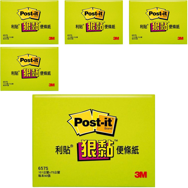 3M Post-it 利貼狠黏便條紙 4*3 657S-6, 綠色, 90張, 5本